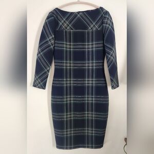 Zara Dress Navy Tartan Plaid Midi Pencil Size Medium  (E23)